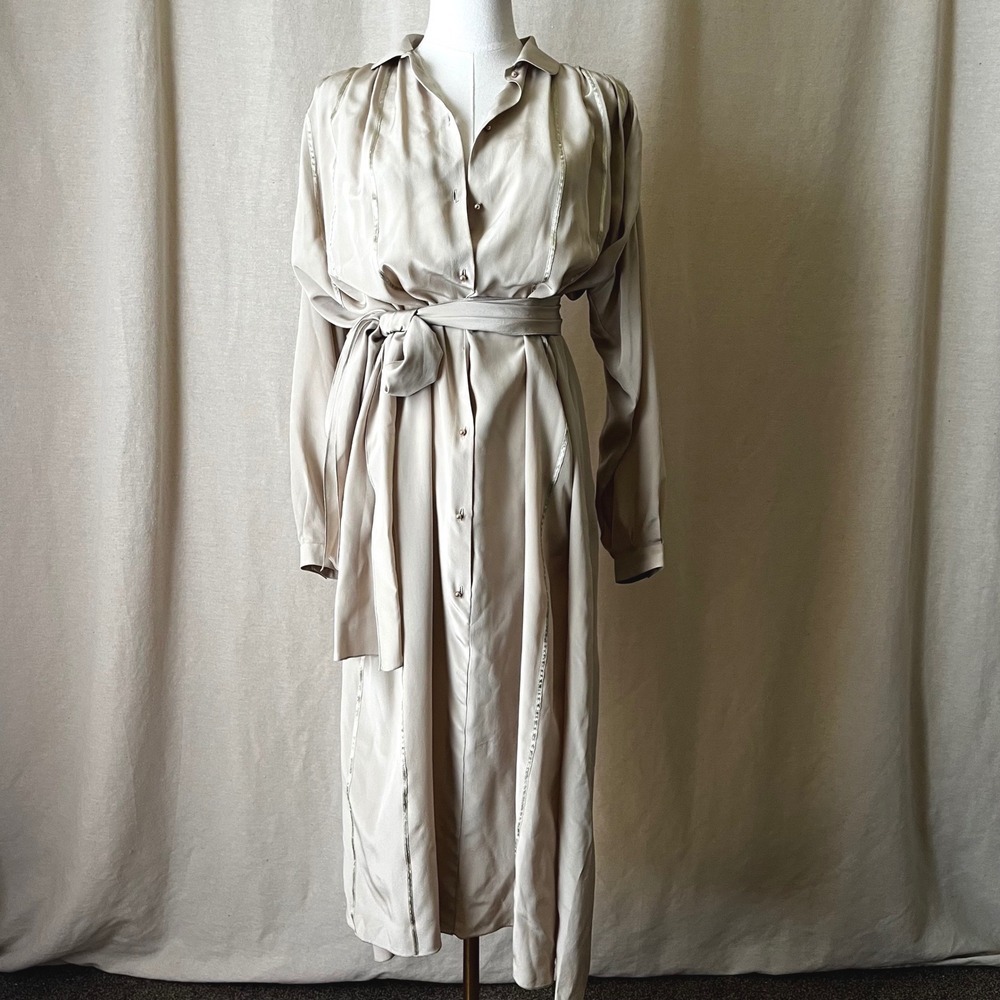 Vintage I. Magnin Italy 100% Silk Shirt Dress Beige Maxi Tie Belt Womens L